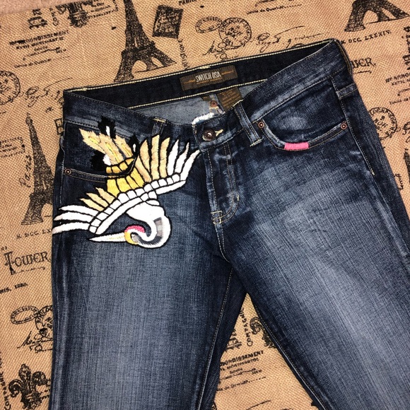 Switch USA Embroidered Bird Dark Wash Flare Bootcut Jean Size 27 - Picture 5 of 14